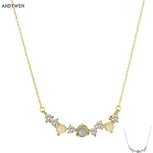 ANDYWEN 925 Sterling Silver Gold Multi-Stone Cluster Bar Necklace Long Chain Crystal Zircon Milk Line Women Pendant Jewelry
