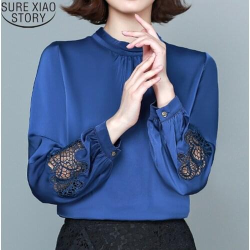Satin Blouse Solid Pullover Shirt Women Elegant Hollow Blouse Women Autumn 2021 Office Lady Lantern Long Sleeve Women Tops 11088
