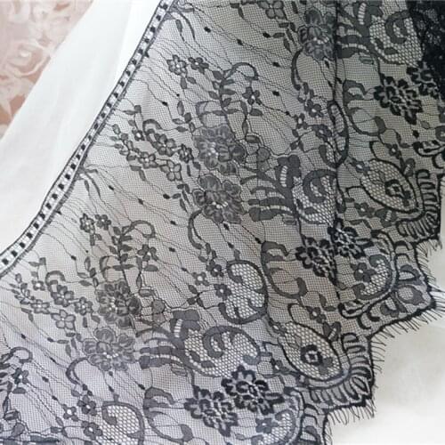 Black French Chantilly Eyelash Lace Fabric Floral lace Trim Scallop Border Trim For Bridal Dress, Mantilla, Table Runners
