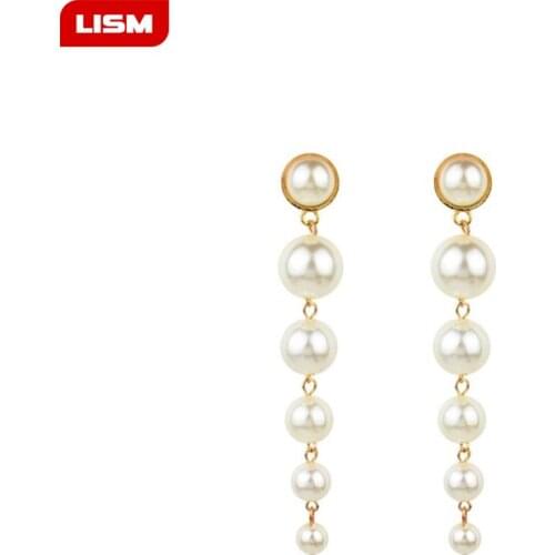 Trendy Elegant Created Big Simulated Pearl Long Earrings Pearls String Statement Drop Earrings For Wedding Party Gift