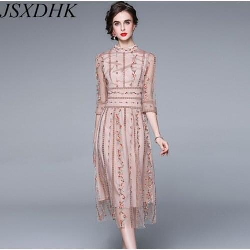 JSXDHK 2021 New Fashion Runway Autumn Dress High Quality Women Mesh Flower Embroidery Pink Stand Collar Party Midi Dress Vestido