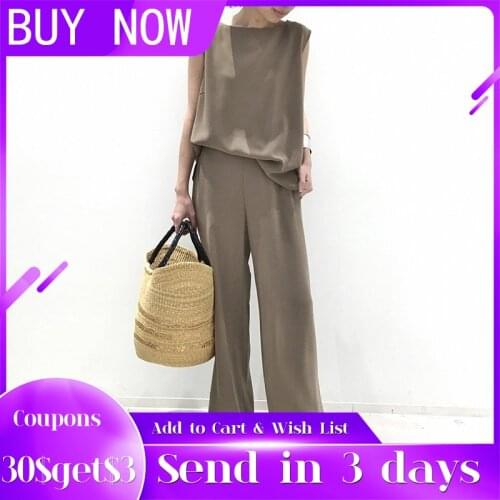 Two Piece Sets Women 2ps Vest Sleeveless Wide Leg Pants Chiffon Solid Color Light Coffee Fashion Casual Japanese Style 2021 New