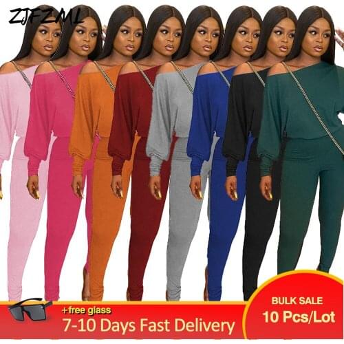 Bulk Items Wholesale Lots Early Autumn 2 Piece Outfit Women Casual Loose Single Shoulder Pullover Top+skinny Sweatpant Outfit