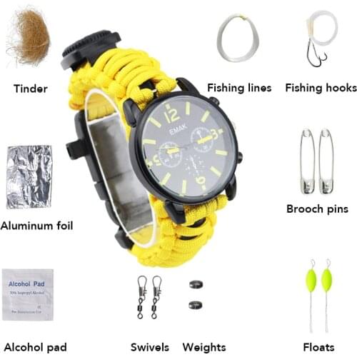 7 In 1 Outdoor Camping Survival Men Watch Fishing Tool Set Luminous Light Compass Rescue Rope Paracord Bracelet Accessories T45