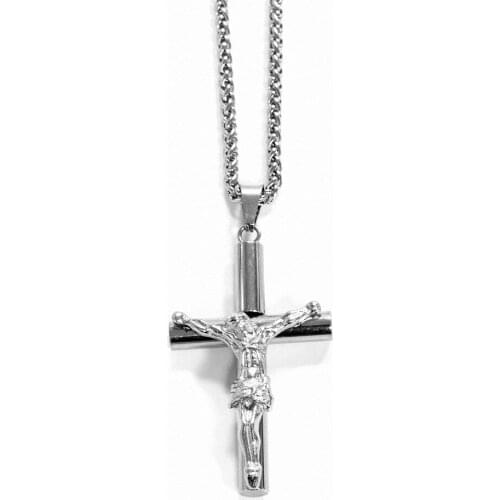 New Cross Jesus Pendant Mens Necklace Stainless Steel Long Chain Christian Religious Necklaces for Men Male Jewelry