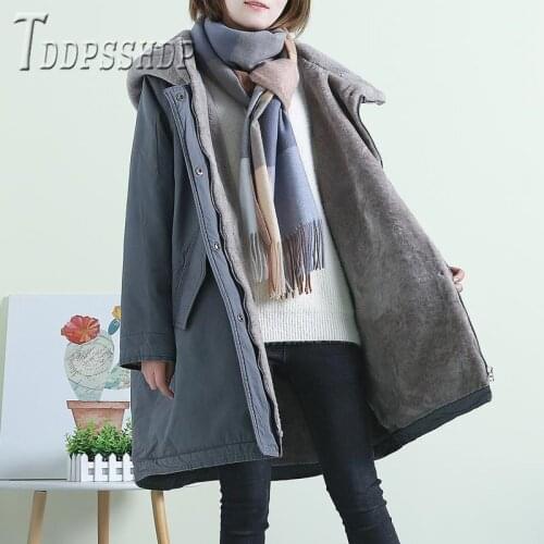 Solid Hooded Jacket Loose Thick Outerwear Women Parkas Lining With Fluff Female Parka Coat