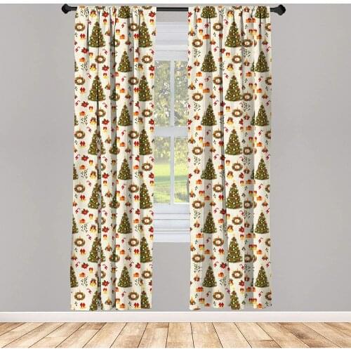 Christmas Curtains Fir Tree Garland and Bells Ornaments Xmas Themed Cartoon Seasonal Holiday Window Drapes for Living Room