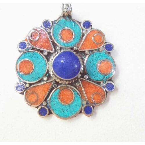 TBP581 Nepal Vintage Clover Pendant Inlay Colorful Stone Flower Tibetan Jewelry
