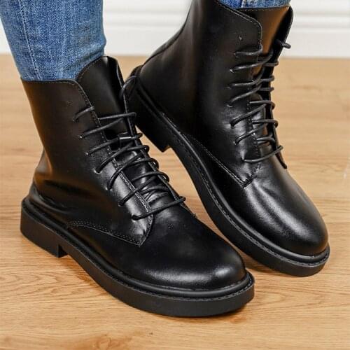 2021 New Autumn Women Ankle Boots Female Platform PU Leather Lace Up Shoes Ladies Flat Zipper Short Boot Black Casual Footwear
