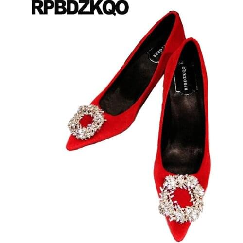 2019 thin big size ladies pumps velvet pink crystal shoes jewel rhinestone 33 high heels red 4 34 diamond wedding pointed toe