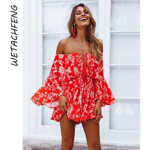 Floral Printed Summer Women Jumpsuits Red Top Long Sleeve Ruffles Rompers 2021 Elegant Overalls For Female One Piece Clothing