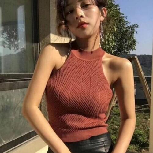 Summer Trend Sexy Womens Vest Knit Halterneck Sleeveless Camisole Design Round Neck Elastic Half High Neck Top Ladies Casual