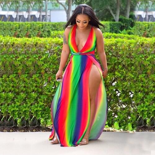 2021 Women Dress Elegant Rainbow Striped Print Sleeveless Long Women Dress Summer Sexy Deep V Neck High Slit Maxi Dress Robe