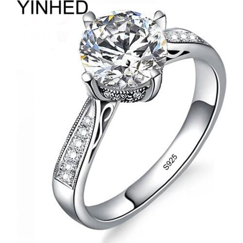 YINHED Elegant Crown Wedding Rings for Women Solid 925 Sterling Silver Ring Jewelry 1 Carat CZ Diamant Engagement Ring ZR375