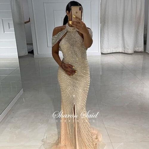 Luxury Gold Beaded Mermaid Evening Gowns 2021 Long Arabic Dubai Prom Dresses Slit Women Formal Party Dress for Wedding Guest