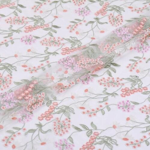 138CM Wide 33MM Pink Orange Floral Embroideried White Polyester Lace Fabric for Spring Summer Wedding Evening Dress J165