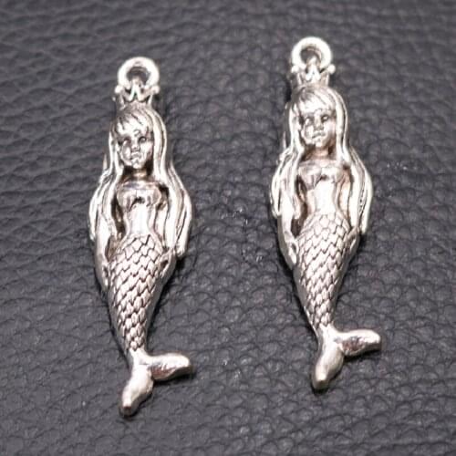 4pcs Silver Plated 3D Mermaid Pendants Hip Hop Earrings Necklace Metal Accessories DIY Charms Jewelry Crafts Findings 45*12mm