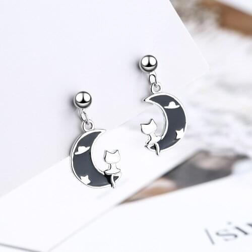 925 Sterling Silver Tassel Moon Cat Charm Piercing Stud Earring For Women Party Jewelry Pendientes Accessories Oorbellen eh347