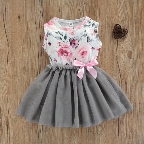 Kid Girls Tulle Dress Cute Sleeveless Crew Neck Floral Print Bow Front Tutu Dress