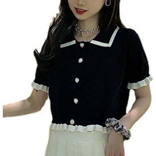 Summer Women Shirt Turn Down Collar Faux Pearl Buttons Short Sleeves Knitted Cardigan Ruffles Tops chemise femme рубашка женская