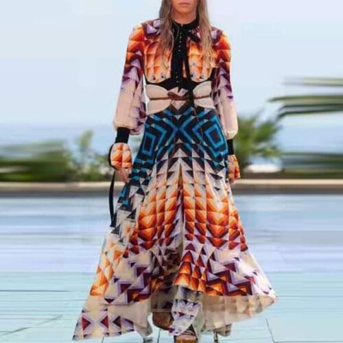 Fashion Runway 2021 Autumn Dress Women New Design Vintage Printed Long Sleeve Belt Slim Elegant Irregular Dresses