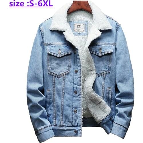New shelves Winter Mens Denim Jacket Fashion Warm Wool Lining Thicken Denim Jacket Coats Large Size 6XL Light Blue Denim Jacket