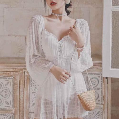 2021 New Hot Korean White Chiffon Trumpet Sleeves Low-Cut Cross Straps Bow Knot Folds Waist See-Through Conservative Swimwear