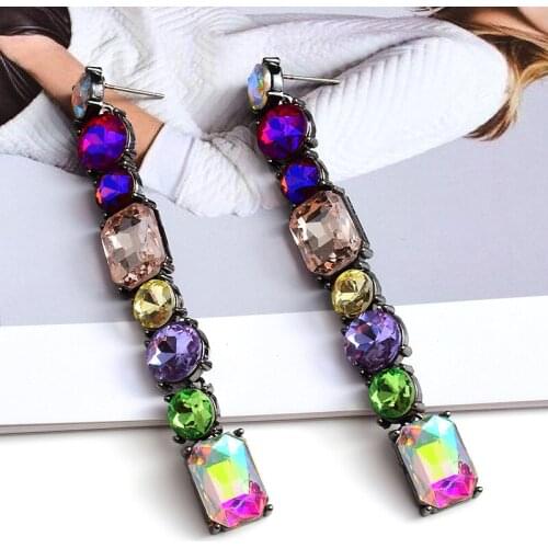 New Arrival Long Colorful Glass Crystal Drop Earrings High-Quality Geometric Rhinestones Pendant Jewelry Accessories For Women