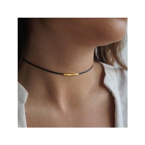 Japan Korean Black Leather Rope Necklace Women Gold Tube Necklace Woman Short Neck Collar Chain Necklace Choker Clavicle Ladies