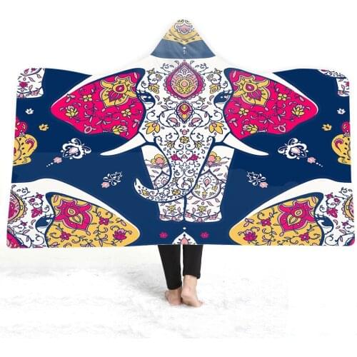 Colorful Elephant 3D Printed Plush Hooded Blanket for Adults Children Warm Wearable Fleece Throw Blanket Home Office Washable
