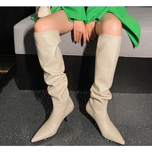 Drop Shipping Beige Black Pointed Toe Pleated Knee High Boots Woman 55 mm Heels Korea Style Simple Slip On Tube Long Boots