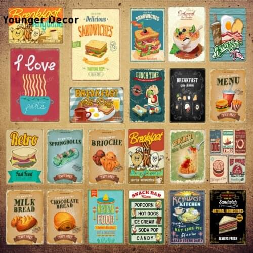 Retro Fast Food Breakfast Lunch Poster Home Kitchen Decor Sandwich Milk Bread Wall Art Painting Vintage Metal Tin Signs YI-192