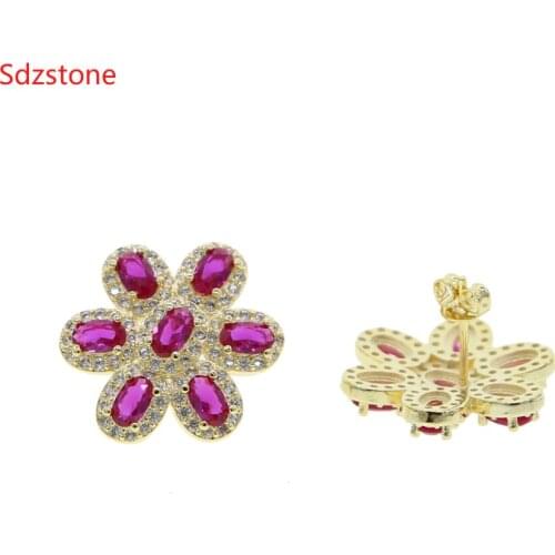 New Arrival Sweet Red Crystal 21mm Big Round Flower Stud Earrings For Women Fashion Elegant Oorbellen Bijoux Party Gifts