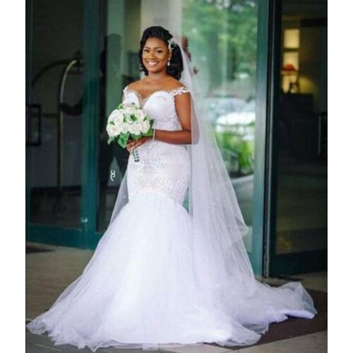 African Mermaid Wedding Dresses 2021 Off the Shoulder vestido de noiva Plus Size Lace Sweep Train Bridal Wedding Bride Dress