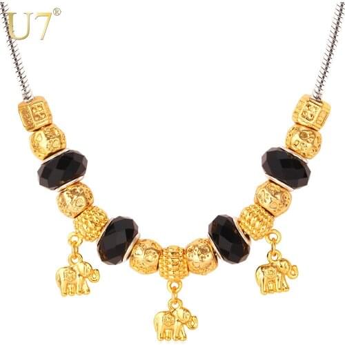 U7 Crystal Bead European Brand Jewelry Gold Color Elephant Pendants Necklaces Women Bohemia Jewelry P528