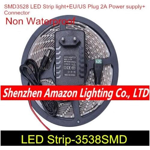 Non Waterproof LED Strip 300leds/5M 3528 SMD Cool/Warm White Red Green Blue Yellow Light +12V 2A Power Adapter