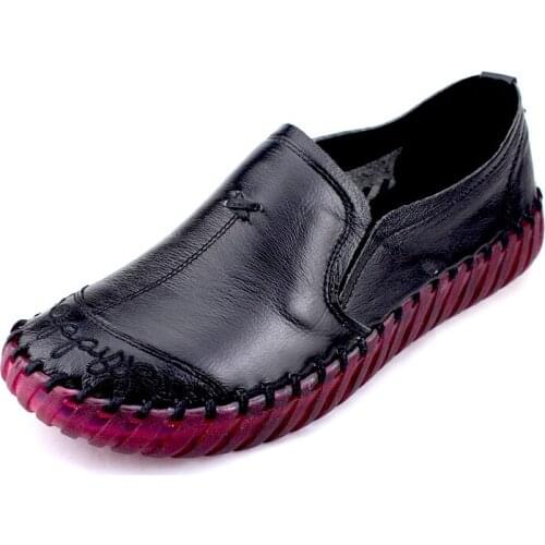 Women Black Flats Genuine Leather Soft Handmade Round toe Comfortable Casual Out sole Wear-resisting Purple Plus Size 42 WP155