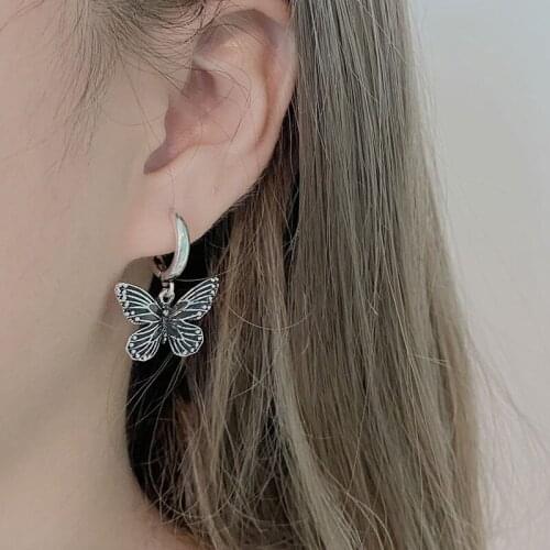 Vintage Butterfly Earrings for Women Silver Color Round Personality Earring Trendy Hip Hop Jewelry Accessories Punk Drop Earing