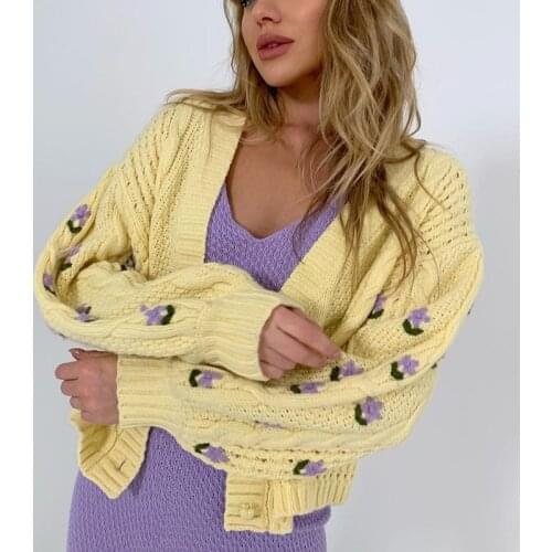 MEIYANGYOUNG Puff Sleeve Cardigan Women Top Hand Crochet Flower Sweater Knittend Cardigans Korean Fashion Womens Coat