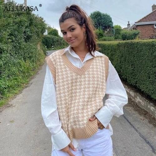 Womens Houndstooth Loose Knit Vest Sweater V-neck Sleeveless Vest Oversized Sweater Pullover Retro College Style Y2K Casual 90s