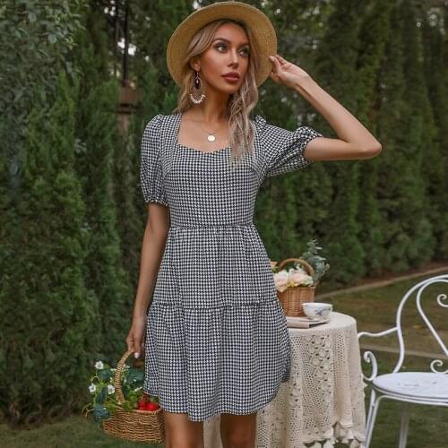 Houndstooth Print Women Summer Dress Short Sleeve Back Tie Square Collar Bodycon Ladies Casual Elegant Slim Mini Dress