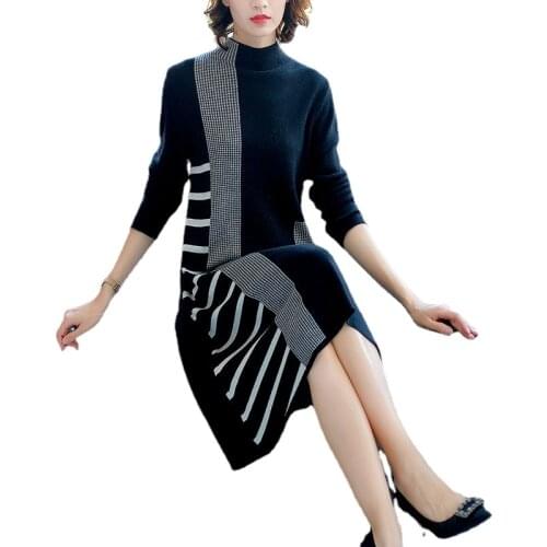 Vintage Women Elegant Half High Collar Dresses Black Striped Knitted Dress 2021 Autumn Winter New Long Loose Sweater Dresses