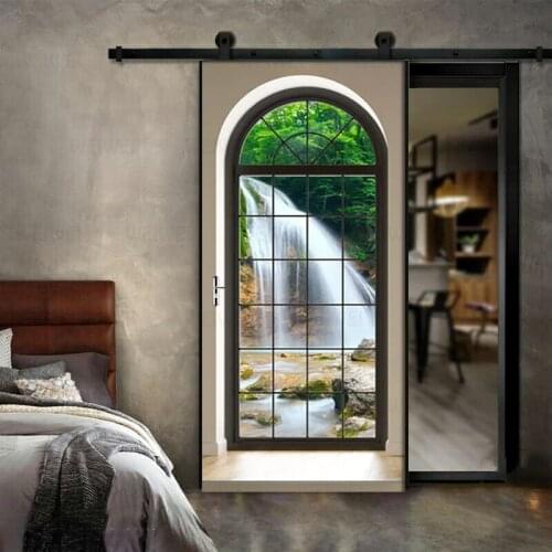 2Pcs/Set Waterfall Scenery Outside The Window 3D Wall Door Sticker PVC Self-adhesive Waterproof Mural Decals Door Decor Poster