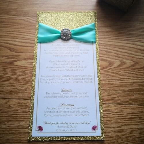 30pcs/lot Personalized menu two layers menu handmade gold glitter With ribbon and brooch luxury menu whole set available