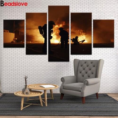 5 Pieces 5d diy diamond painting Raging Flame Firemen Silhouett diamond picture full square round diamond embroidery