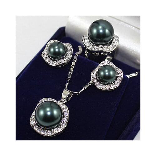 Free deliver Nobility Lucky Women Set 10mm &14mm Black South sea Shell Pearl Earrings Necklace Ring size 6 7 8 9# hook