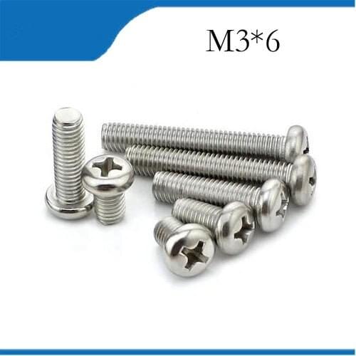 Free Shipping M3X6mm 100pcs Stainless Steel Pan Head Cross Socket Recessed Raised Cheese Head PanRound Head Cross Recessed Screw