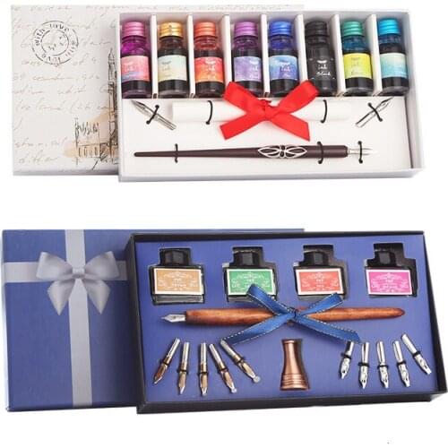 Wood English Calligraphy Pen, Dip Pen With Color Ink Gift Box