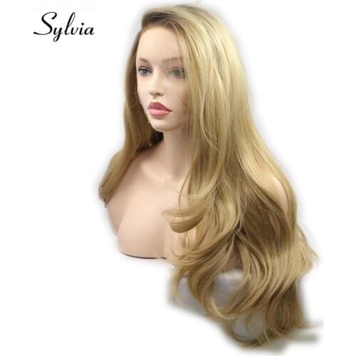 Sylvia Long Mixed Blonde Wigs Body Wave Hair For Women Synthetic Lace Front Wig With Brown Roots Side Part Heat Resisant Fiber
