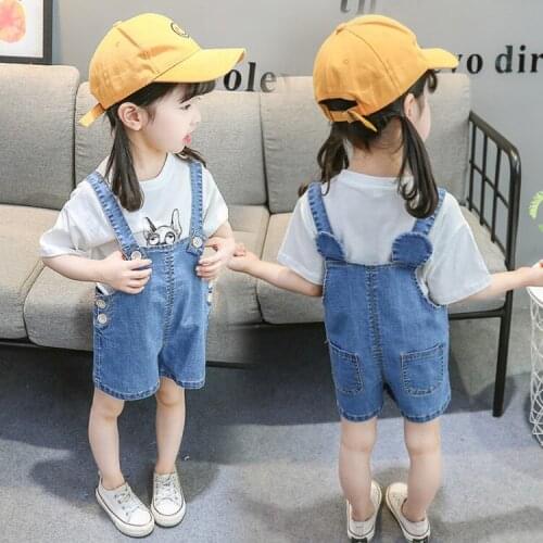 Sweet Girls Overalls Pants Washed Denim Jean Romper Jumpsuits Straps Short Pants Cowboy Jeans Trousers Children Clothing 2 4 6 7
